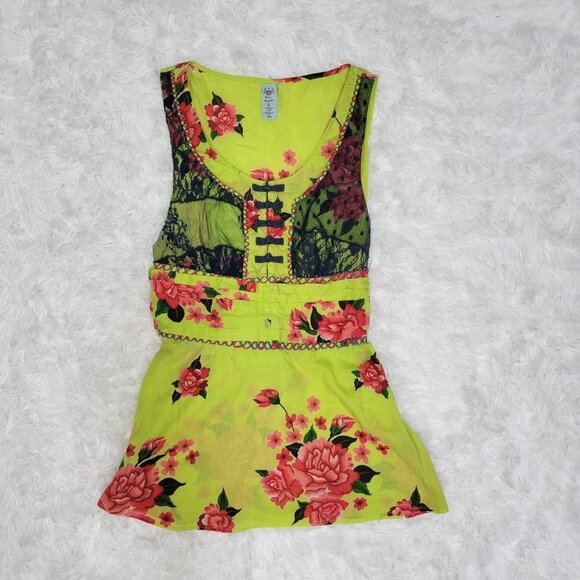 Free People Floral Bohemian Style Tie Waist Sleeveless Blouse - Size 6 - Picture 9 of 9